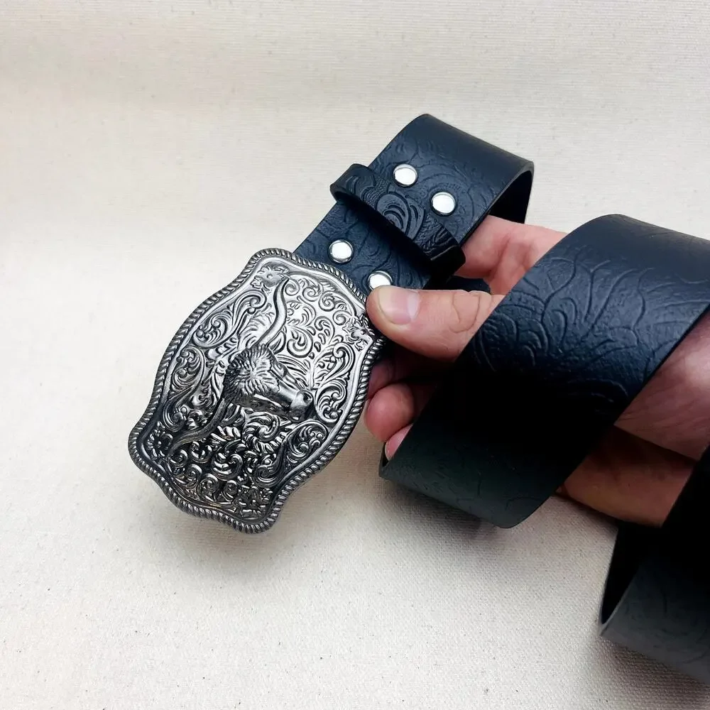 black american western cowboy silver bull design belt